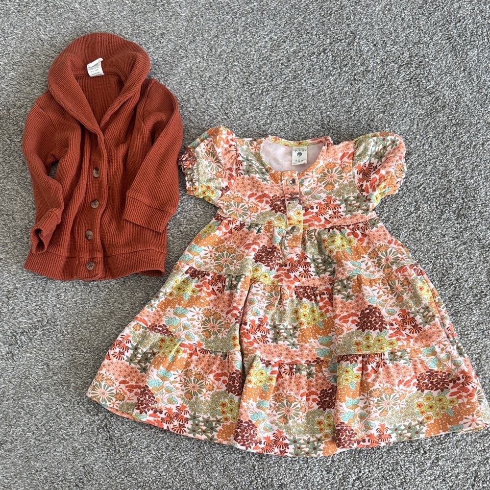 kate quinn Rust Multi Floral Tiered Dress with Rust Cardigan